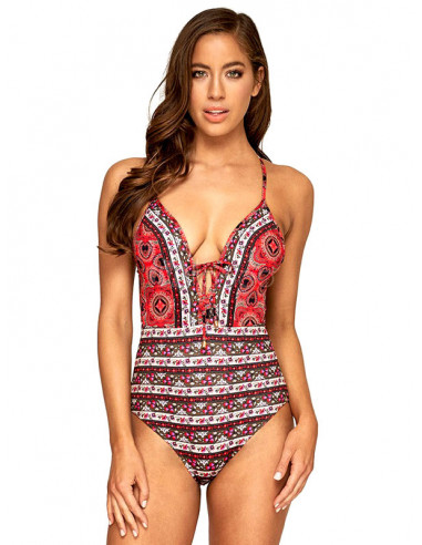 Costum de baie intreg, model vintage floral, kaki cu rosu si alb