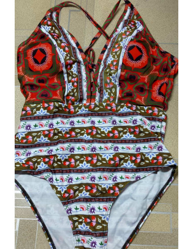 Costum de baie intreg, model vintage floral, kaki cu rosu si alb