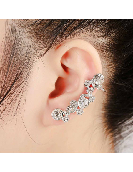 Cercel ear cuff elegant, cu flori mici si cristale rotunde