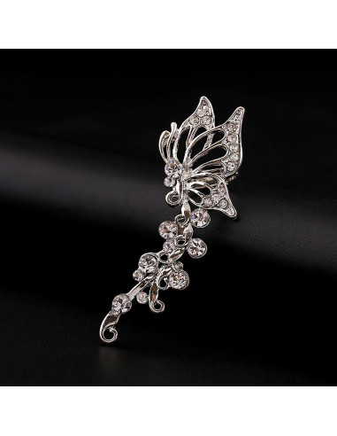 Cercel ear cuff fluture pe ramurica, cristale rotunde albe