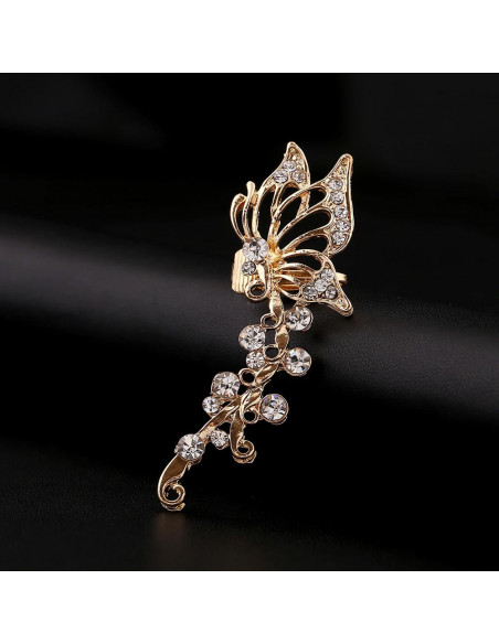 Cercel ear cuff fluture pe ramurica, cristale rotunde albe