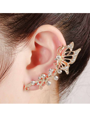 Cercel ear cuff fluture pe ramurica, cristale rotunde albe
