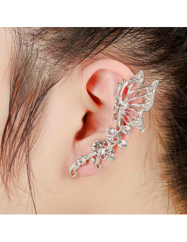 Cercel ear cuff fluture pe ramurica, cristale rotunde albe