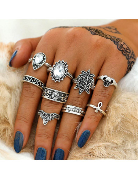 Set 9 inele boho, inimioara, flori, cristale, Ank si soare
