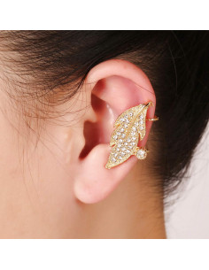 Ear cuff luxury, frunza aurie cu cristale albe rotunde 2