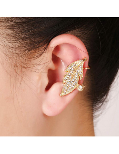 Ear cuff luxury, frunza aurie cu cristale albe rotunde