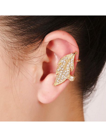 Ear cuff luxury, frunza aurie cu cristale albe rotunde
