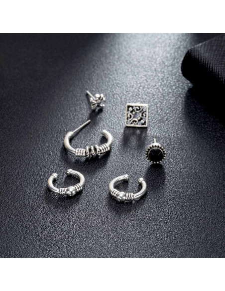 Set cercei si ear cuff Fleur de Lis, romb, cristal negru si cercuri