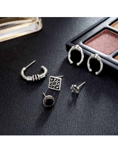 Set cercei si ear cuff Fleur de Lis, romb, cristal negru si cercuri 2