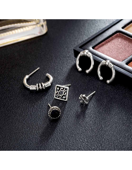 Set cercei si ear cuff Fleur de Lis, romb, cristal negru si cercuri