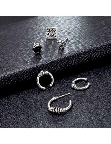 Set cercei si ear cuff Fleur de Lis, romb, cristal negru si cercuri