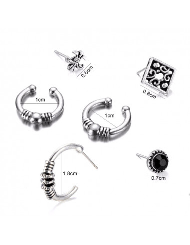 Set cercei si ear cuff Fleur de Lis, romb, cristal negru si cercuri