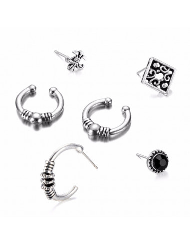 Set cercei si ear cuff Fleur de Lis, romb, cristal negru si cercuri