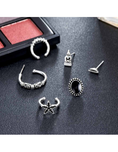 Set cercei si ear cuff cu Buddha, steluta, frunza si inele