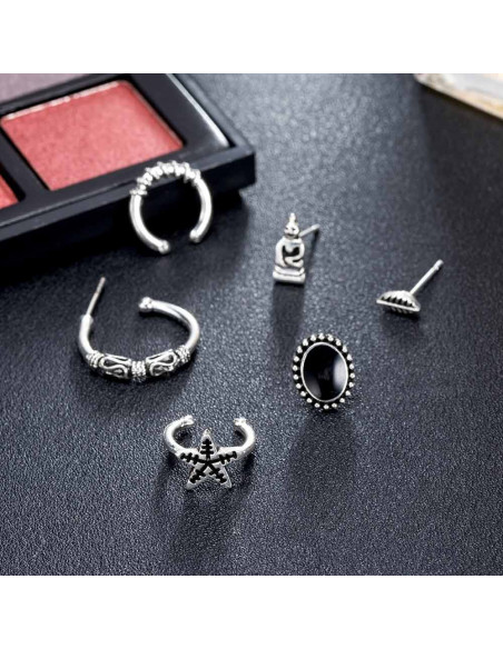 Set cercei si ear cuff cu Buddha, steluta, frunza si inele