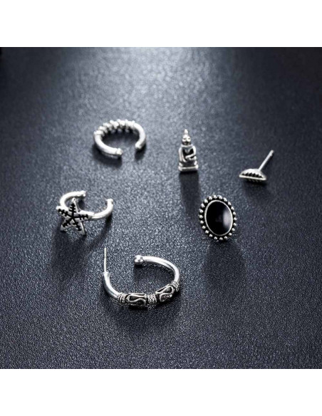 Set cercei si ear cuff cu Buddha, steluta, frunza si inele