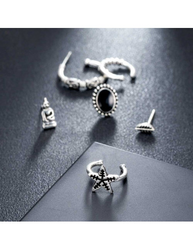 Set cercei si ear cuff cu Buddha, steluta, frunza si inele