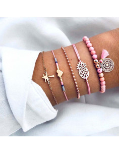 Set 5 bratari aurii, cu margele roz, palmier, ananas si mandala
