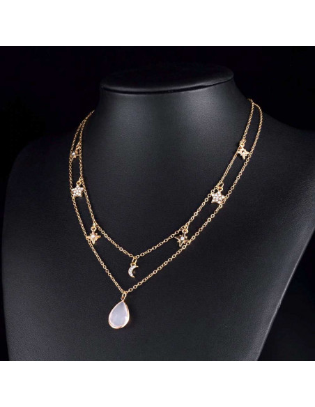 Colier multilayer dublu, cu stelute, semiluni, cristale si margica roz