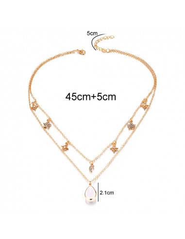 Colier multilayer dublu, cu stelute, semiluni, cristale si margica roz