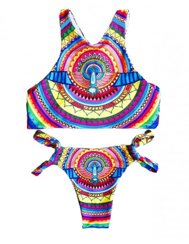 Costum de baie cu imprimeu cu porumbel si curcubeu multicolor