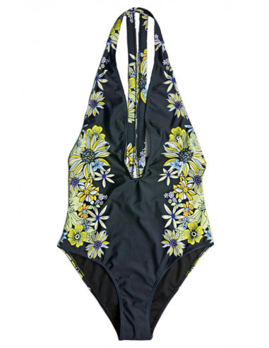 Costum de baie intreg negru, model floral galben si benzi late