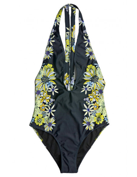 Costum de baie intreg negru, model floral galben si benzi late
