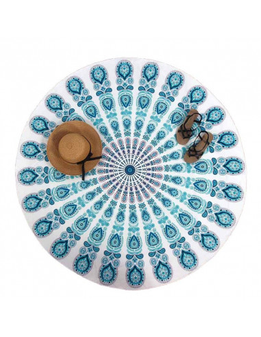 Cearceaf de plaja rotund, cu imprimeu mandala albastru