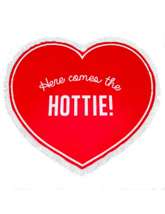 Cearceaf de plaja inimioara mare rosie cu franjuri "Here comes the hottie!"