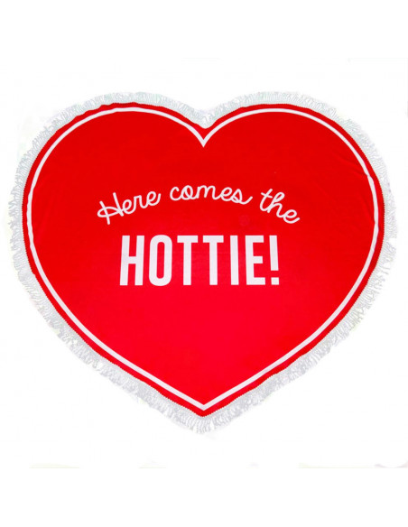 Cearceaf de plaja inimioara mare rosie cu franjuri "Here comes the hottie!"