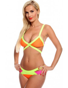 Costum de baie bandage din doua piese, galben cu corai