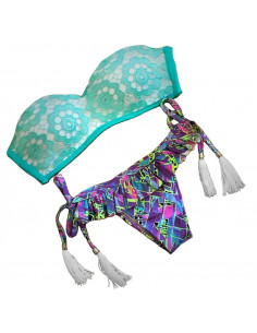 Costum de baie BOHO cu dantela si slip cu fustita floral