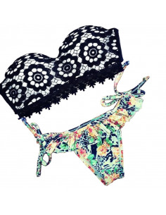 Costum de baie BOHO cu dantela si slip cu fustita floral