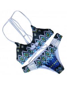Costum de baie cu doua fete, imprimeu tribal geometric verde inchis