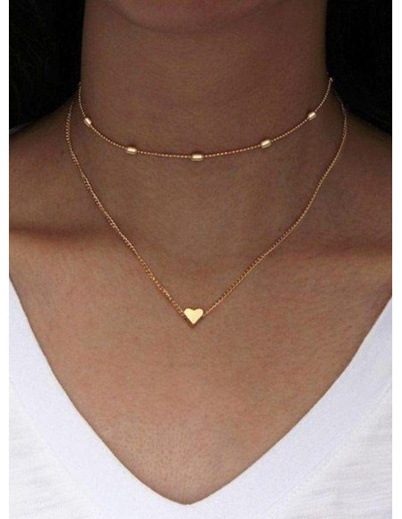 Colier minimal dublu, cu inimioara si bilute ovale metalice