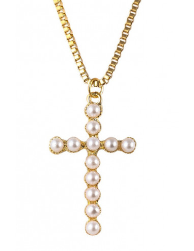 Lantisor cu medalion cruce decorata cu perle albe