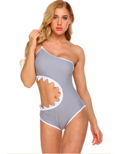 Costum de baie intreg, model cu colti de rechin, gri cu lantisor