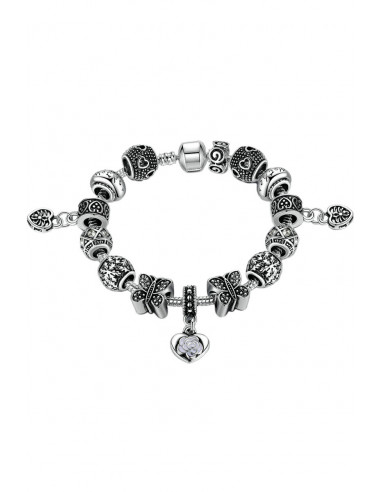 Bratara tip Pandora placata cu argint, inimioare, fluturi si cristale