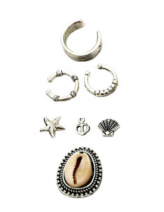 Set cercei ear cuff si inele, cu scoici, stea de mare, model nautic patinat 2