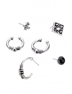 Set cercei si ear cuff Fleur de Lis, romb, cristal negru si cercuri