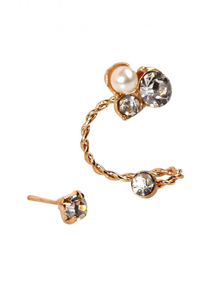 Cercel ear cuff pentru ambele urechi, fir auriu cu cristale si perla