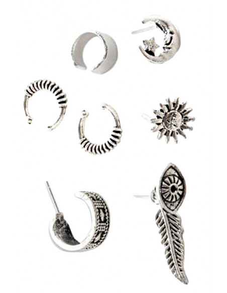Set cercei si ear cuff boho patinat, cu soare, pana, Nazar si semiluna