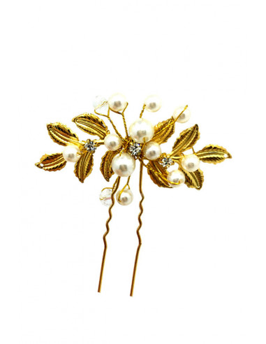 Agrafa pentru mireasa cu frunze aurii perle si cristale albe pentru coc