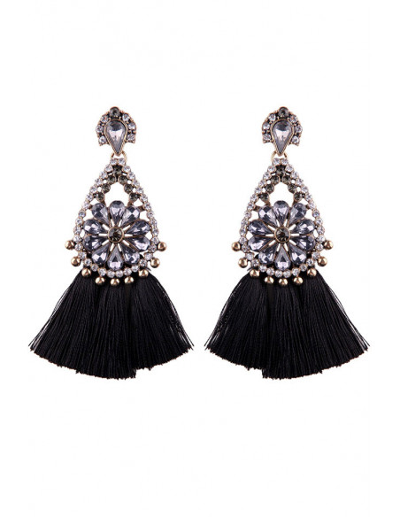 Cercei luxury Fringed Flowers, medalion cu cristale si canafi lungi