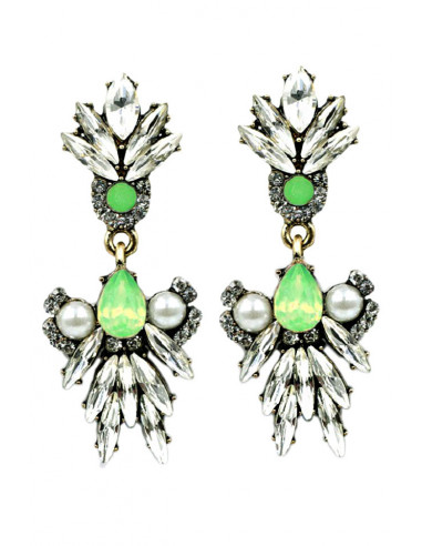 Cercei eleganti Riflesso cu perle si cristale albe si verzi