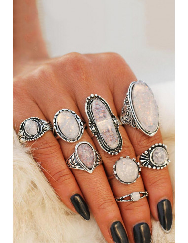 Set 8 inele indiene lungi, cu cristale opalescente pe fiecare inel