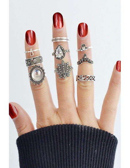 Set 9 inele boho, inimioara, flori, cristale, Ank si soare