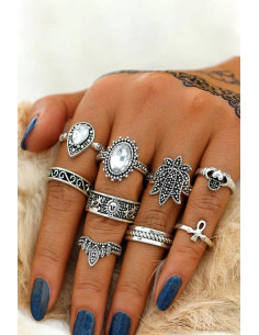 Set 9 inele boho, inimioara, flori, cristale, Ank si soare