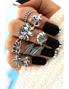 Set 8 inele etnice, cu lotus, stea de mare, scoica, frunze si elefantel
