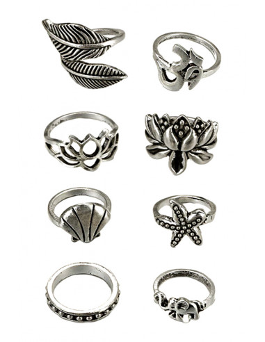Set 8 inele etnice, cu lotus, stea de mare, scoica, frunze si elefantel
